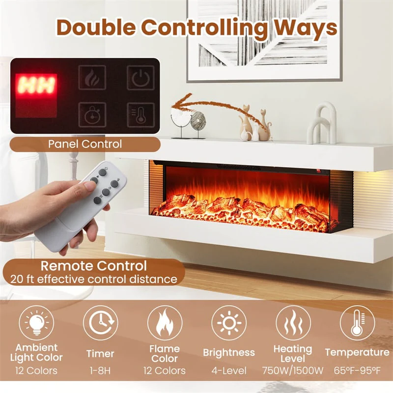Eletriclife 32"/50" Floating Fireplace Mantel with 18" 3-Sided Electric Fireplace