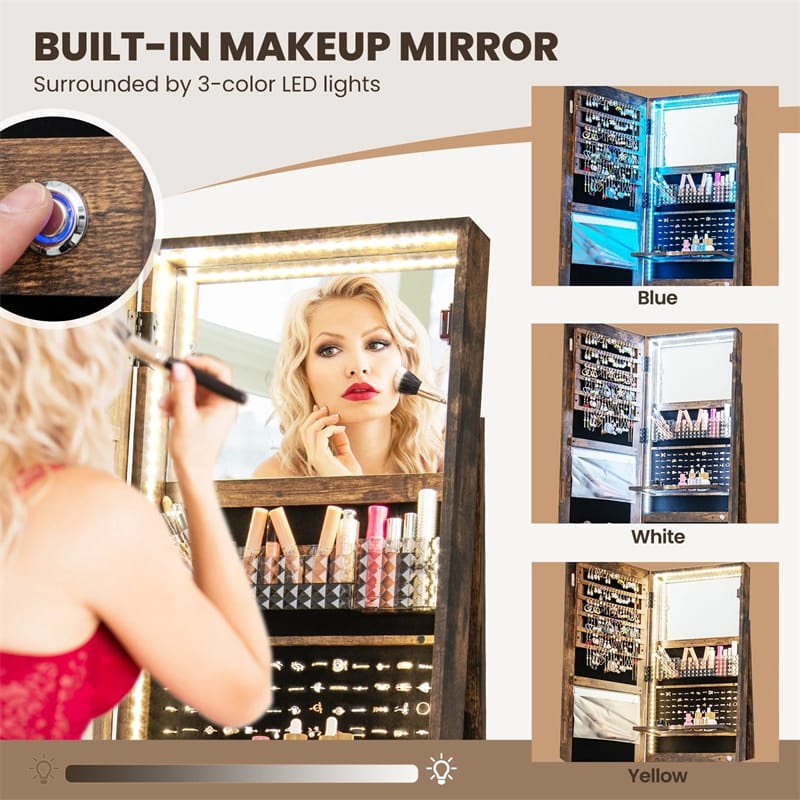 Eletriclife 360° Swivel Jewelry Cabinet Armoire with Full Length Mirror & 3-Color LED Lights