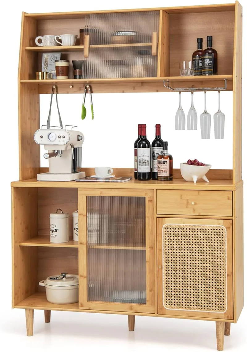 Eletriclife 69" Tall Bamboo Kitchen Pantry Hutch Cabinet Freestanding Buffet Sideboard with Wine Storage for Coffee Bar