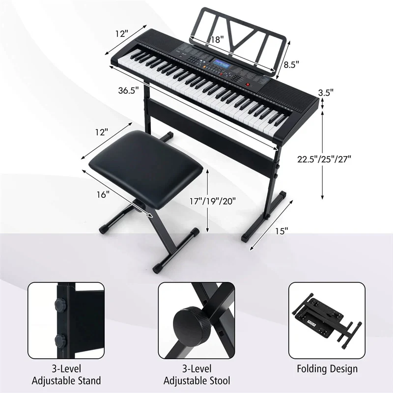 Eletriclife 61-Key Lighted Electric Piano Keyboard for Beginners with Adjustable Stand & Stool
