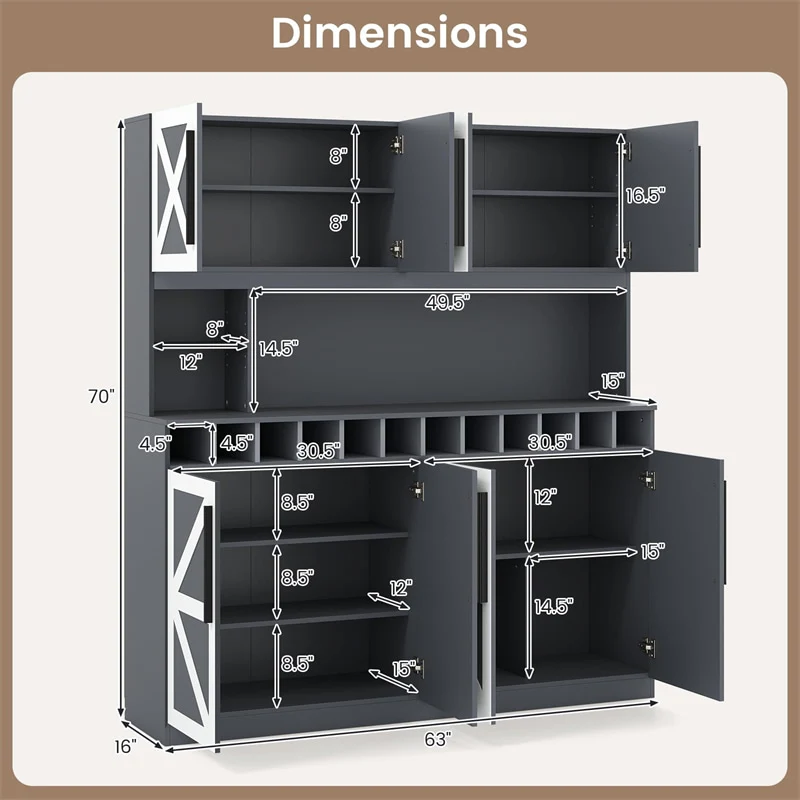 Eletriclife 70" Tall Farmhouse Pantry Cabinet Kitchen Buffet Hutch with 12-Bottle Wine Rack