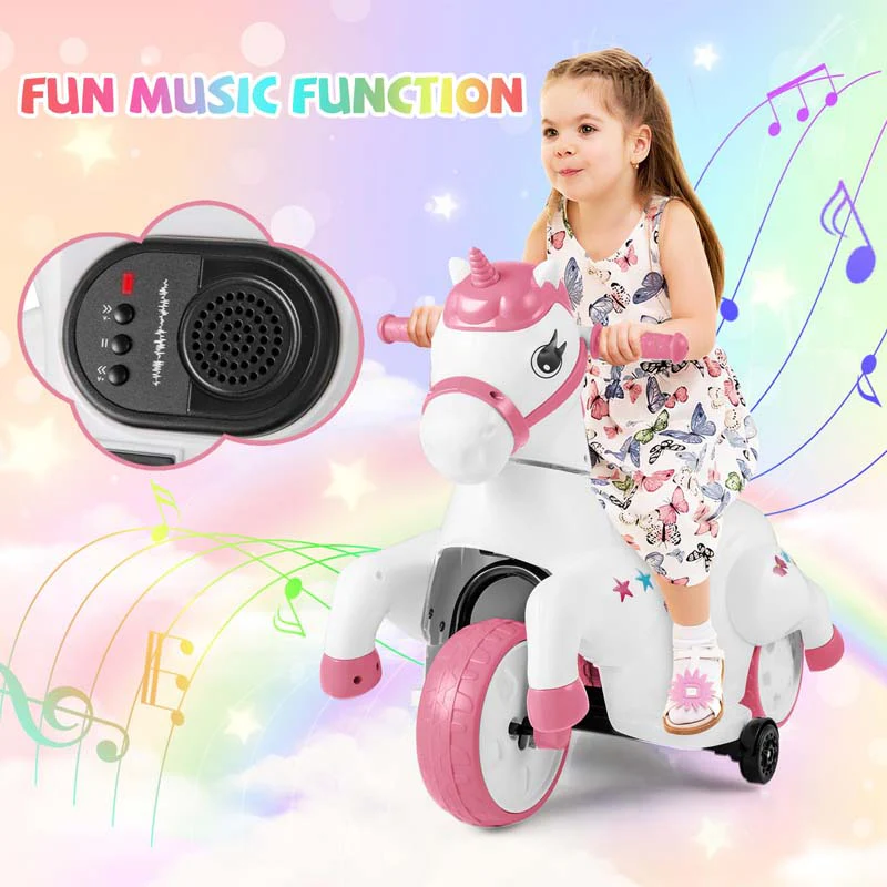 Eletriclife 12V Unicorn Ride on Toy with Training Wheels and Horse Riding Mode