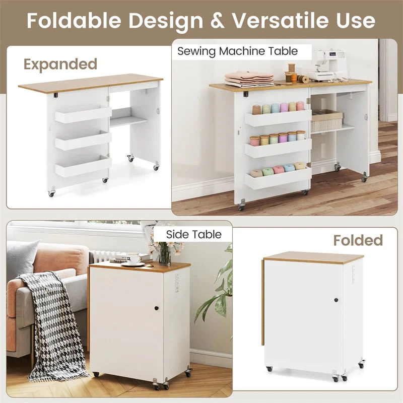 Eletriclife Folding Sewing Table Rolling Craft Table with Charging Station, Storage Tray & Shelf