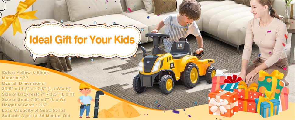 Eletriclife Kids Ride on Tractor 2-in-1 Licensed Caterpillar Foot-to-Floor Toddler Push Car with Detachable Trailer