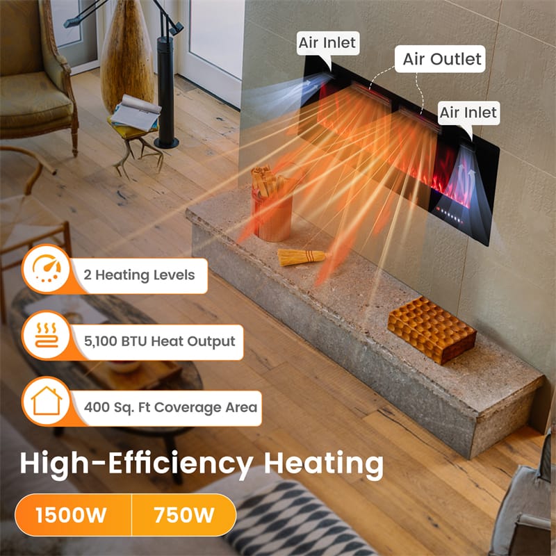 Eletriclife 42/50/60/72 Inch Ultra-Thin Smart Electric Fireplace Insert Wall Mount & Recessed Heater with Decorative Crystals