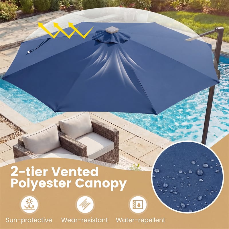 Eletriclife 10FT Cantilever Patio Umbrella with 36 Solar LED Lights 360° Rotation Offset Hanging Umbrella for Pool Yard