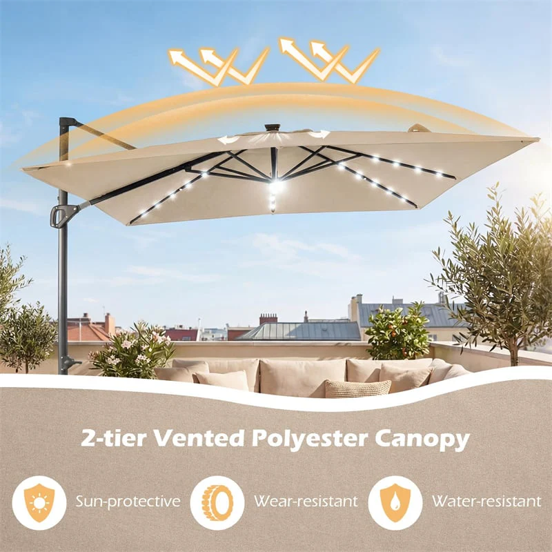 Eletriclife 10FT Square Offset Cantilever Patio Umbrella with 32 Solar LED Lights & 360° Rotation for Poolside, Yard