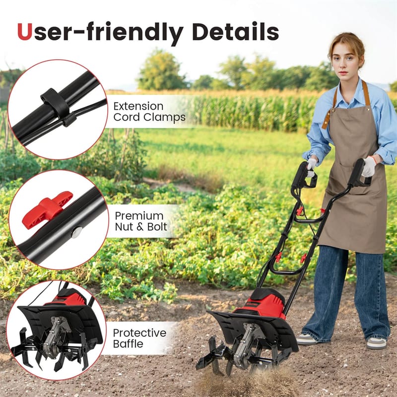 Eletriclife 14" 10 Amp Corded Electric Tiller Cultivator Foldable Handle Garden Rototiller with 9" Tilling Depth
