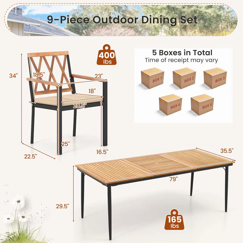 Eletriclife 9 Pieces Patio Dining Set with 1.9 Inch Umbrella Hole and Seat Cushions