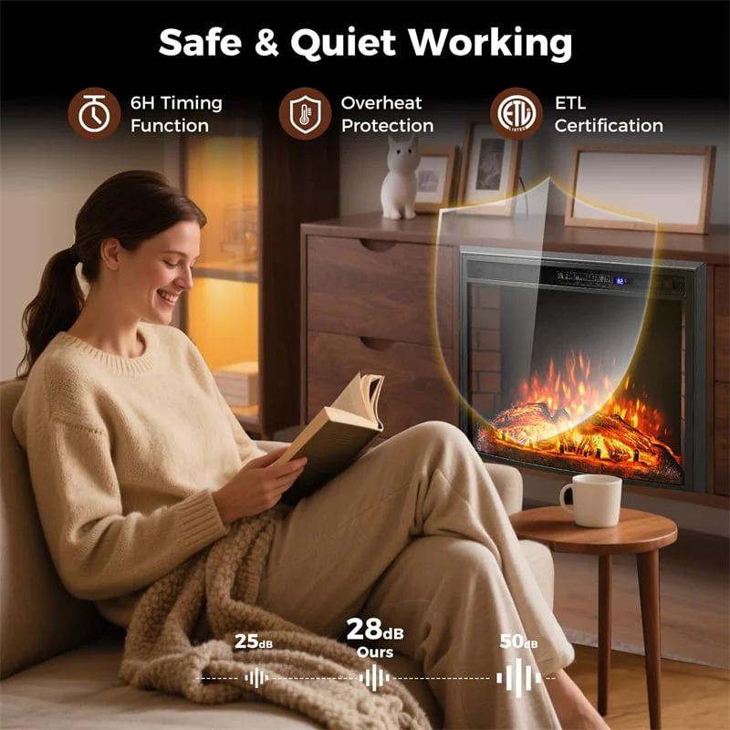 Eletriclife 26" Curved Electric Fireplace Insert 750W/1500W Recessed Heater with Remote Control & Adjustable Flame