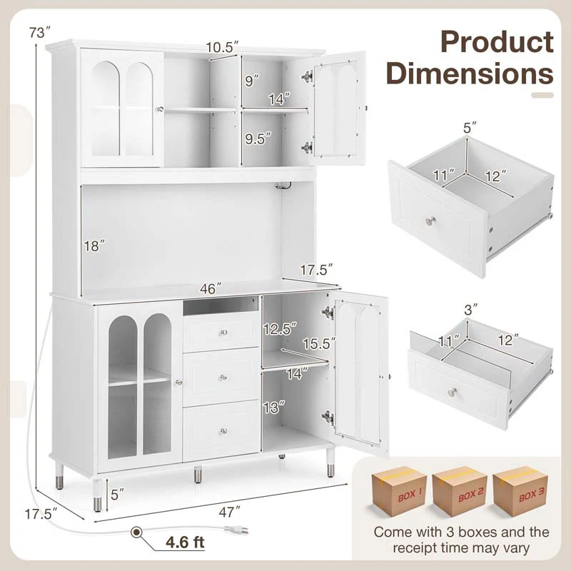 Eletriclife 73 Inch Kitchen Pantry Storage Cabinet Freestanding Buffet Cabinet with LED Lights