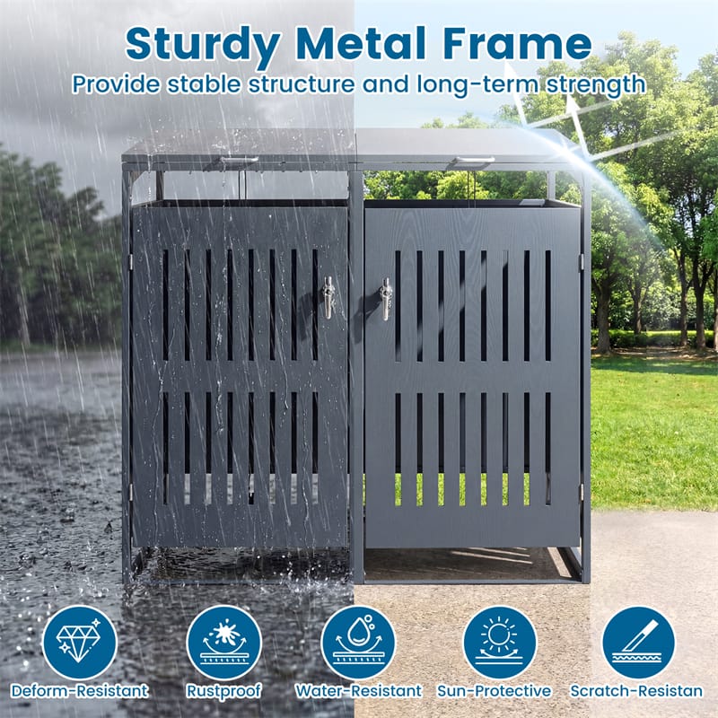 Eletriclife 44 Cu.Ft Outdoor Metal Trash Can Storage Shed for 2 Bins with Gas Struts & Lockable Double Doors