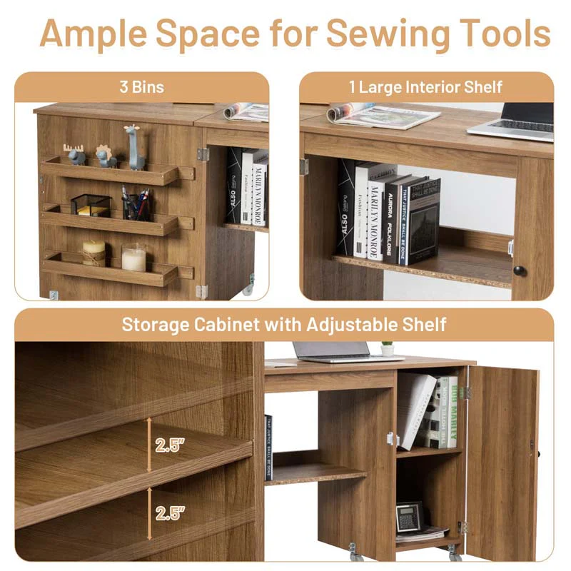 Eletriclife Folding Large Sewing Table Storage Shelves and Lockable Casters