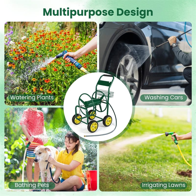 Eletriclife Heavy Duty Metal Garden Hose Reel Cart Holds 300FT of 5/8" Hose with 4 Wheels