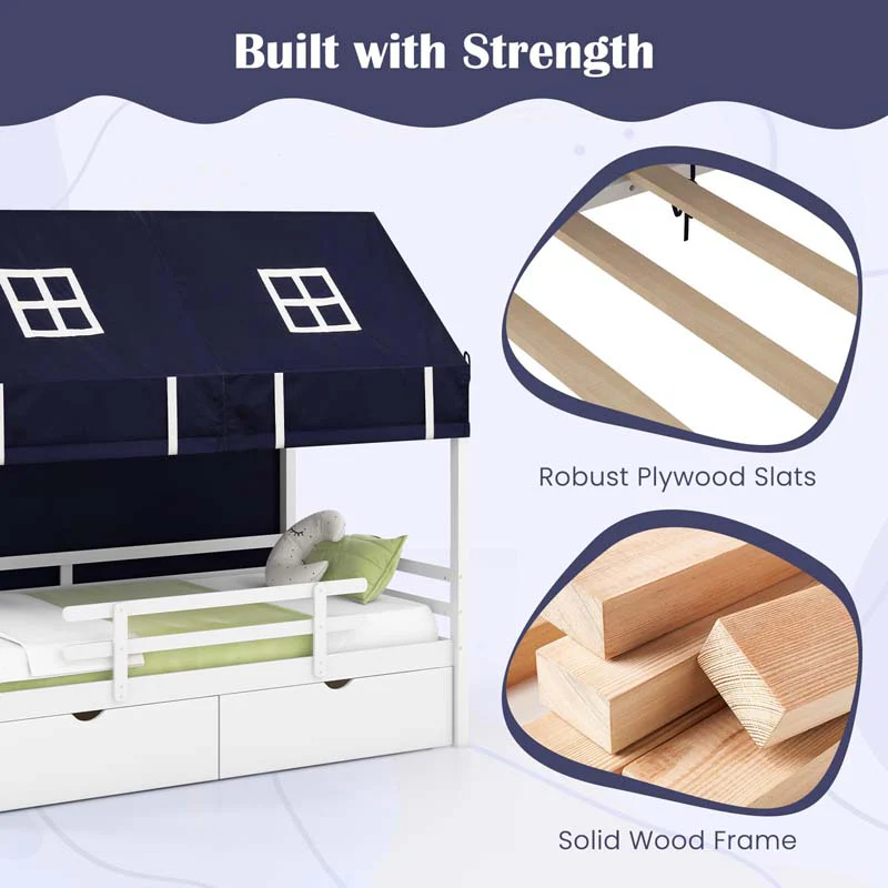 Eletriclife Kids Twin House Bed with Tent and 2 Storage Drawers