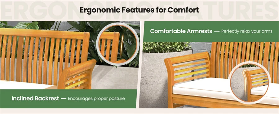 Eletriclife 62.5" 3-Person Outdoor Acacia Wood Bench with Cushion & High Backrest, 2000LBS Capacity