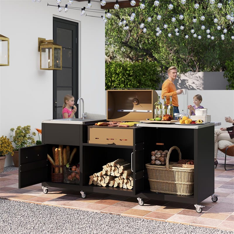 Eletriclife 80" Outdoor Grill Table Heavy Duty Metal Grill Cart with Sink & Stainless Steel Countertop
