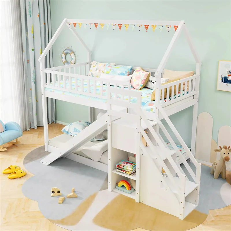 Eletriclife Twin Over Twin House Bunk Bed with Slide Staircases