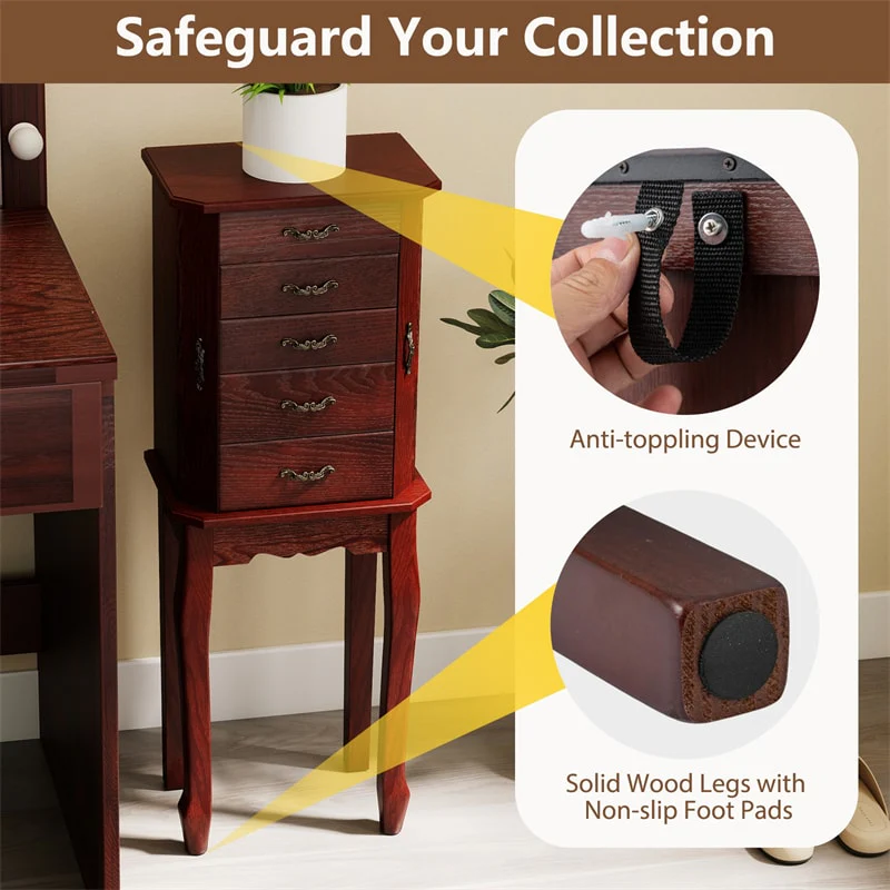 Eletriclife Vintage Wood Standing Jewelry Armoire Cabinet with Flip Top Mirror 4 Drawers