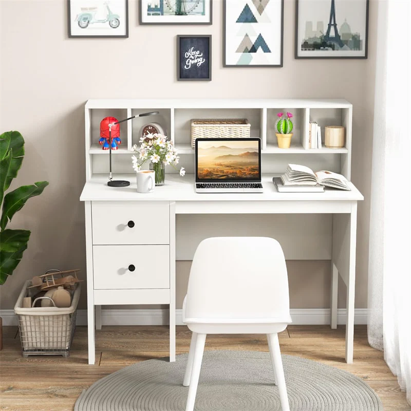 Eletriclife 48" Computer Desk with Built-in Charging Station 5-Cubby Hutch & 2 Storage Drawers for Home Office