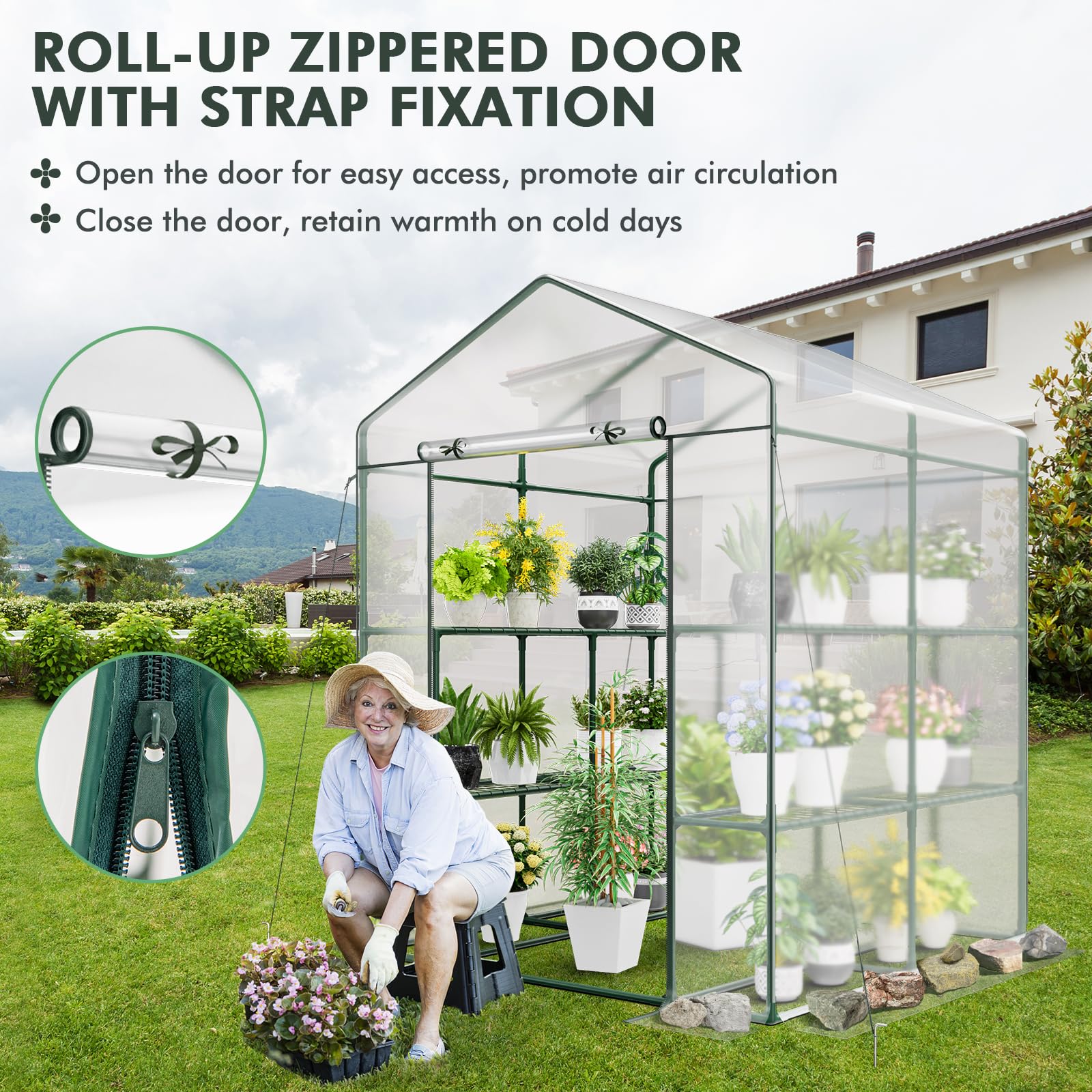 Eletriclife Walk-in Greenhouse with 3 Tiers 4 Shelves, PVC Cover, Roll-up Zippered Door