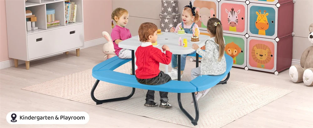 Eletriclife Outdoor 8-Person Kids HDPE Picnic Table Bench Set with Removable & Foldable Umbrella