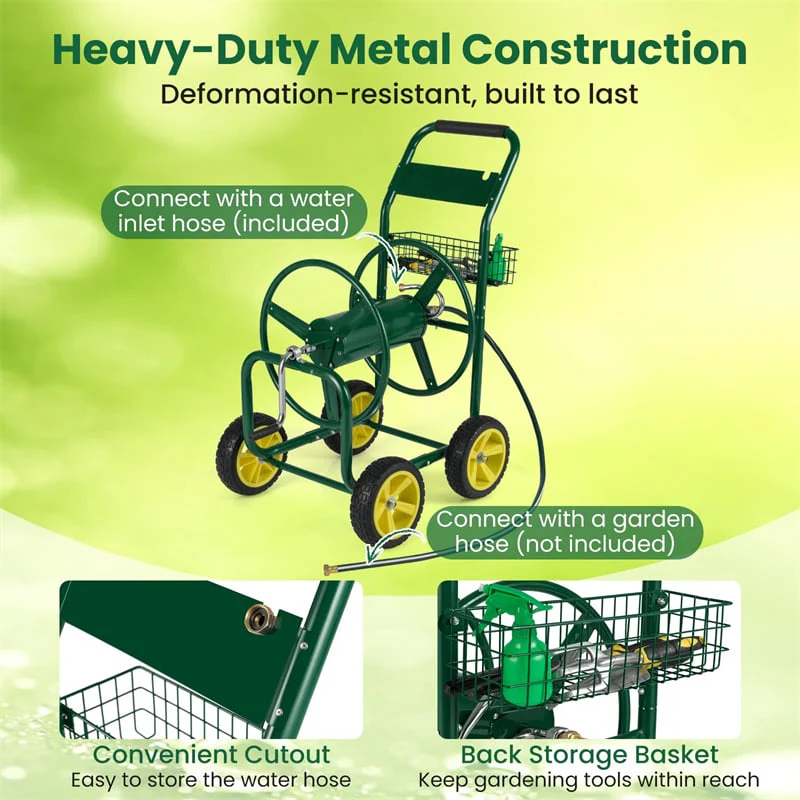 Eletriclife Heavy Duty Metal Garden Hose Reel Cart Holds 300FT of 5/8" Hose with 4 Wheels