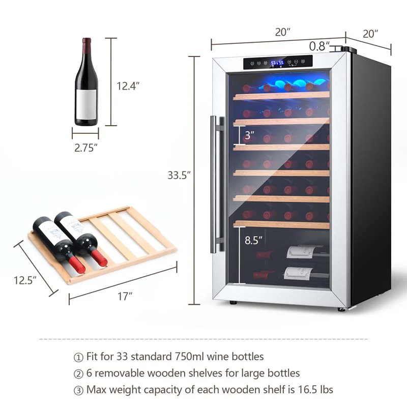 Eletriclife 20 Inch Wine Cooler 33 Bottles Wine Refrigerator with Tempered Glass Door