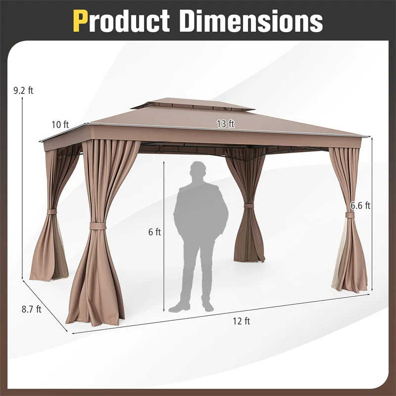 Eletriclife 10 x 13 FT Patio Gazebo Double-Roof Outdoor Canopy Tent with Mesh Netting & Privacy Curtains