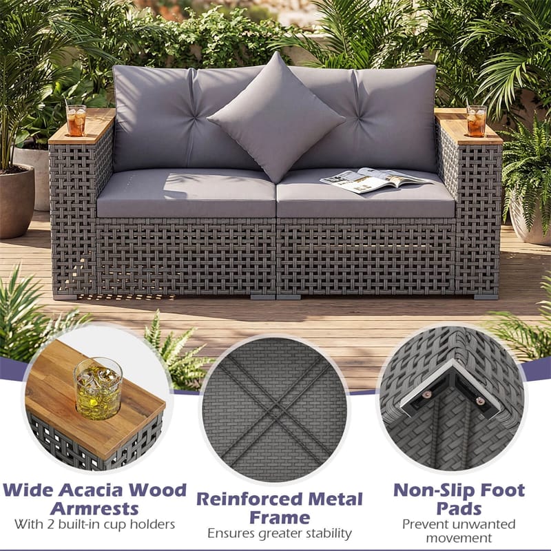 Eletriclife 62.5" Modular Patio Wicker Loveseat with Acacia Wood Armrests & Cup Holders for Garden Backyard