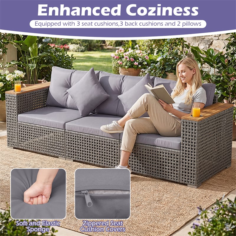 Eletriclife 86.5" 3-Seat Patio Wicker Sofa 3PCS Modular PE Rattan Sectional Furniture Set with Cup Holders