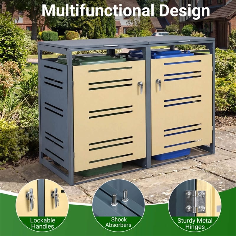 Eletriclife 44 Cu.Ft Outdoor Metal Trash Can Storage Shed Double Garbage Can Enclosure with Gas Strut & Shock Absorber for Patio, Garden & Backyad