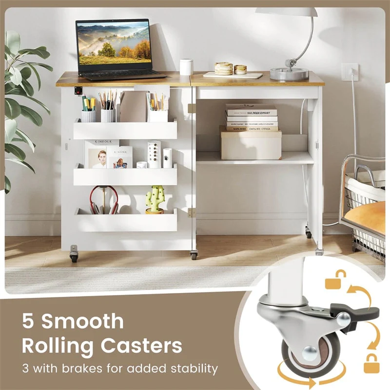 Eletriclife Folding Sewing Table Rolling Craft Table with Charging Station, Storage Tray & Shelf