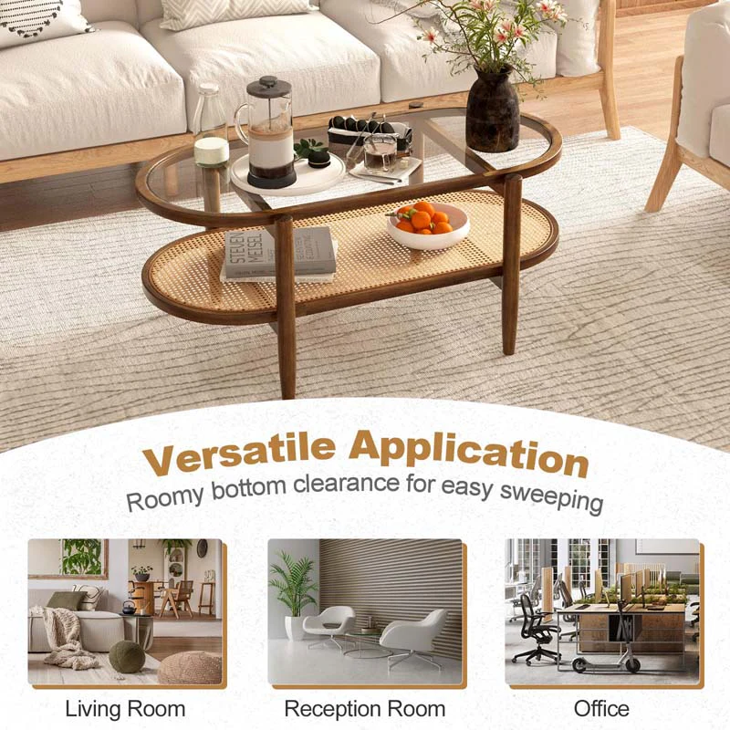 Eletriclife 2-Tier Coffee Table with Tempered Glass Tabletop and Acacia Wood Frame