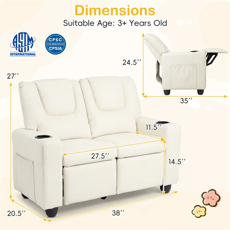 Eletriclife 2-Seater Kids Recliner PU Leather Toddler Loveseat Sofa with Cup Holders & Side Pockets