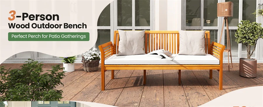 Eletriclife 62.5" 3-Person Outdoor Acacia Wood Bench with Cushion & High Backrest, 2000LBS Capacity