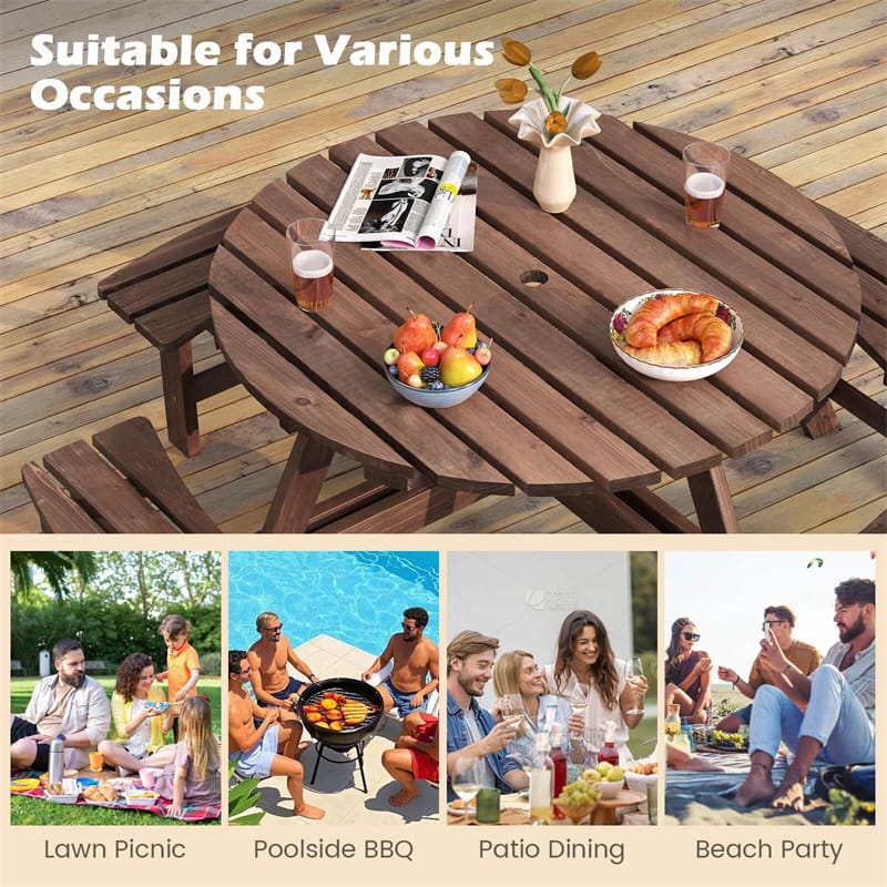 Eletriclife Oudtoor 8-Person Round Wood Picnic Table Set with 4 Built-in Benches & 2" Umbrella Hole for Patio Backyard Garden
