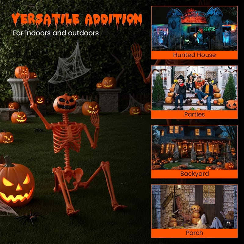 Eletriclife 5.2 FT Orange Pumpkin Head Skeleton Life-Size Poseable Halloween Skeleton for Indoor Outdoor Decor