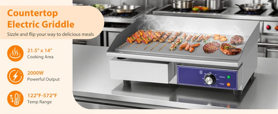 Eletriclife 22" Commercial Electric Griddle 2000W with Cast Iron Plate & 122°F-572°F Adjustable Temp for Home Kitchen Resaturant