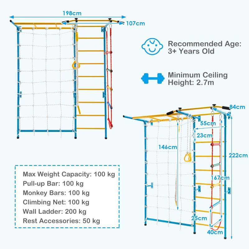 Eletriclife 7 In 1 Kids Indoor Gym Playground Swedish Wall Ladder