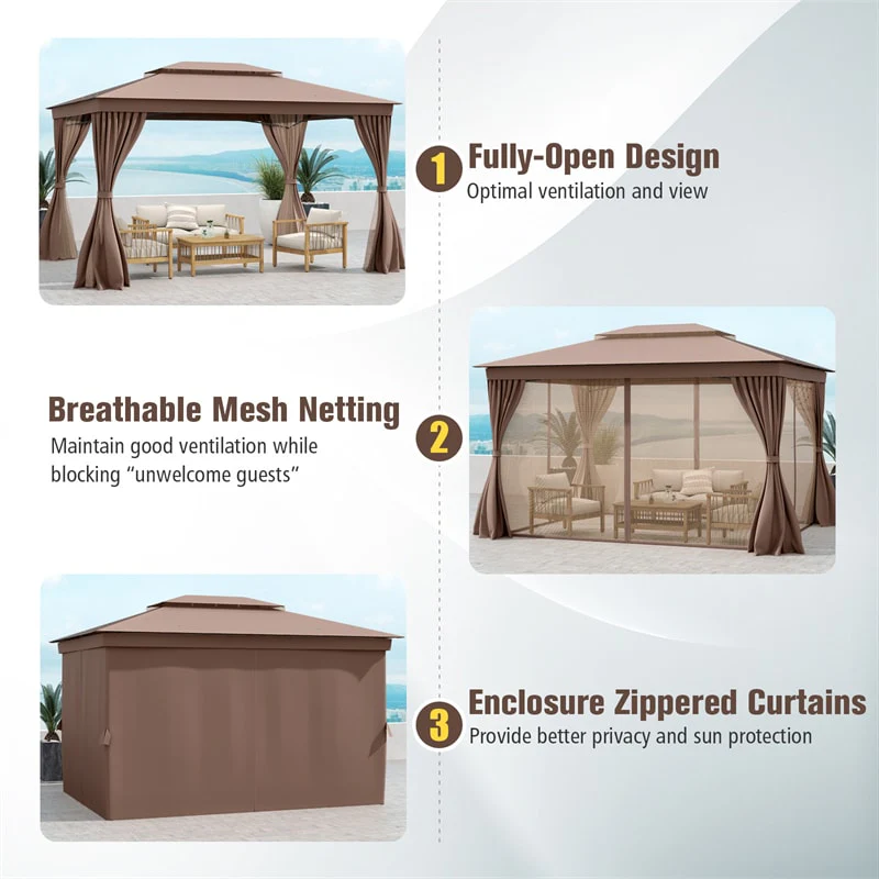 Eletriclife 10 x 13 FT Patio Gazebo Double-Roof Outdoor Canopy Tent with Mesh Netting & Privacy Curtains