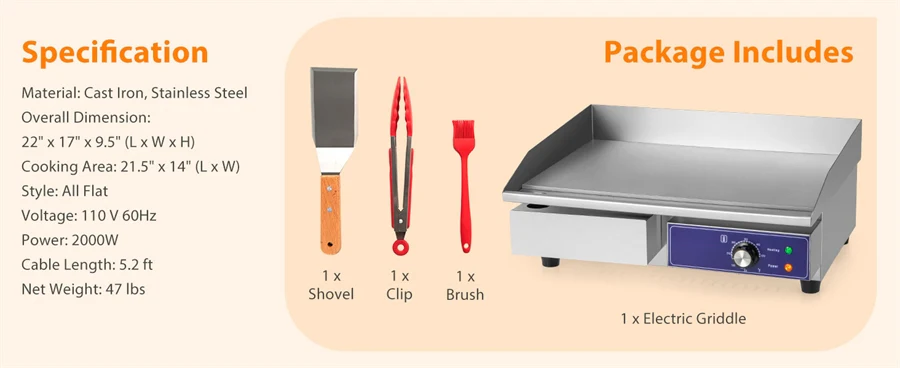 Eletriclife 22" Commercial Electric Griddle 2000W with Cast Iron Plate & 122°F-572°F Adjustable Temp for Home Kitchen Resaturant