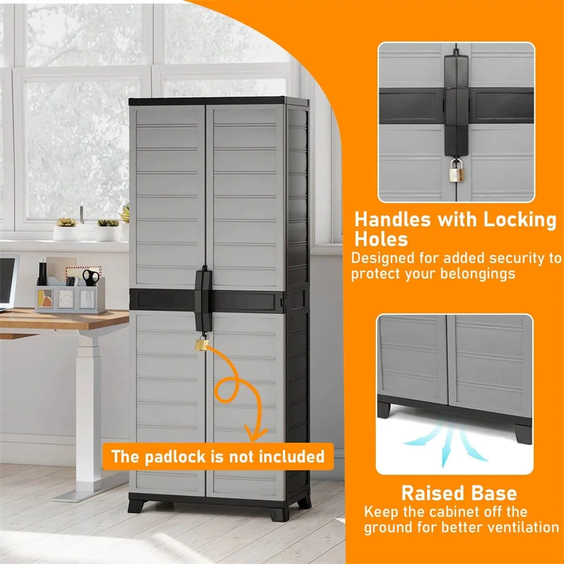 Eletriclife 68" Lockable Plastic Storage Cabinet with 3 Adjustable Shelves for Garage Organizer, Basement & Office