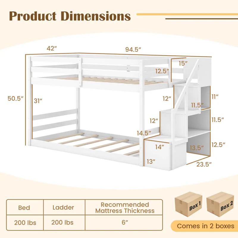 Eletriclife Twin Over Twin Low Bunk Bed Frame with Storage Stairs