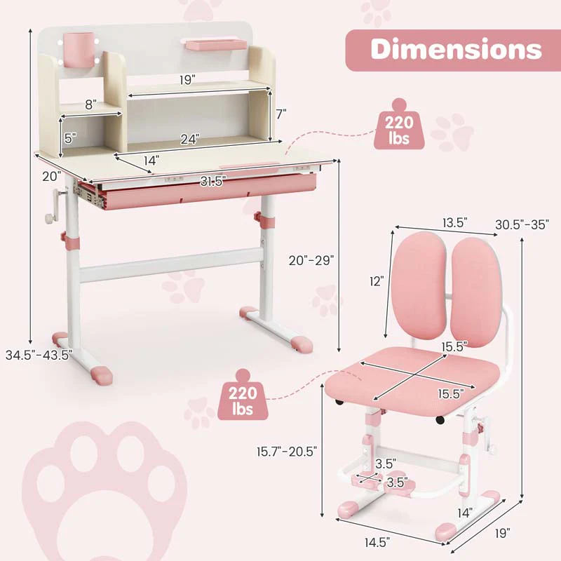 Eletriclife Height Adjustable Children Study Table and Chair with Bookshelf