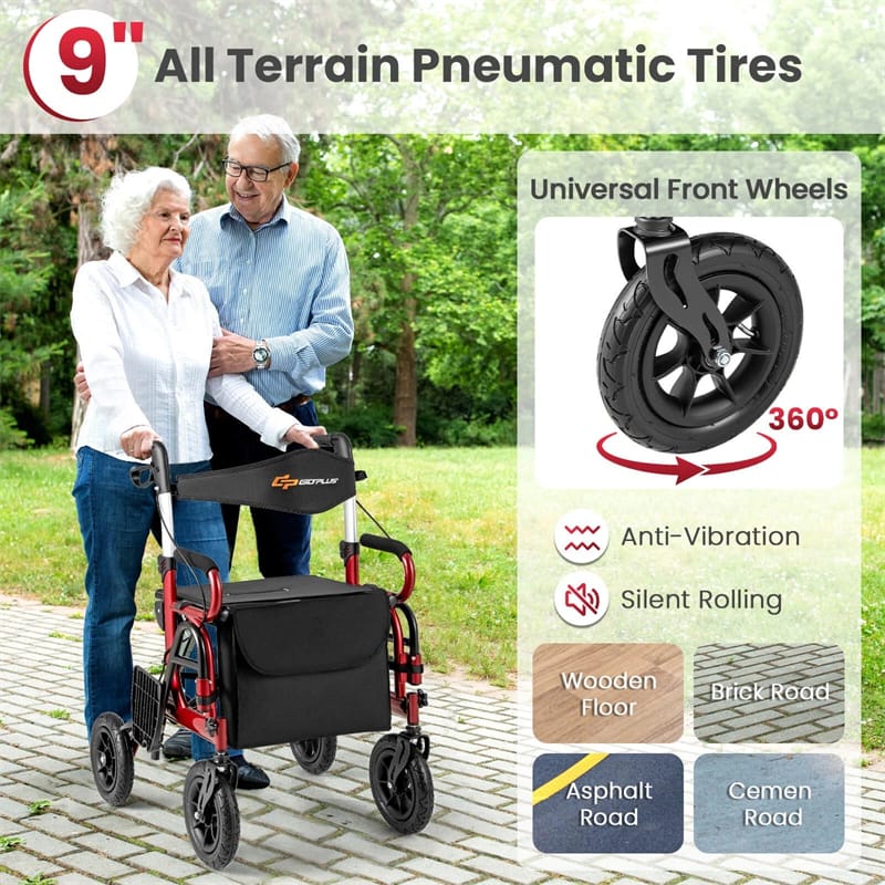 Eletriclife 2-in-1 Foldable Rollator Walker with Seat, Armrests & 9" All-Terrain Pneumatic Tires for Seniors