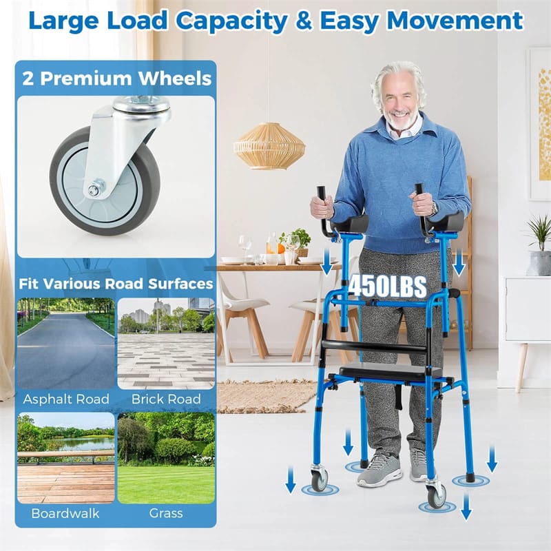 Eletriclife Aluminum Standard Folding Walker Lightweight Stand-Assist Walker with Seat & 5" Wheels for Seniors
