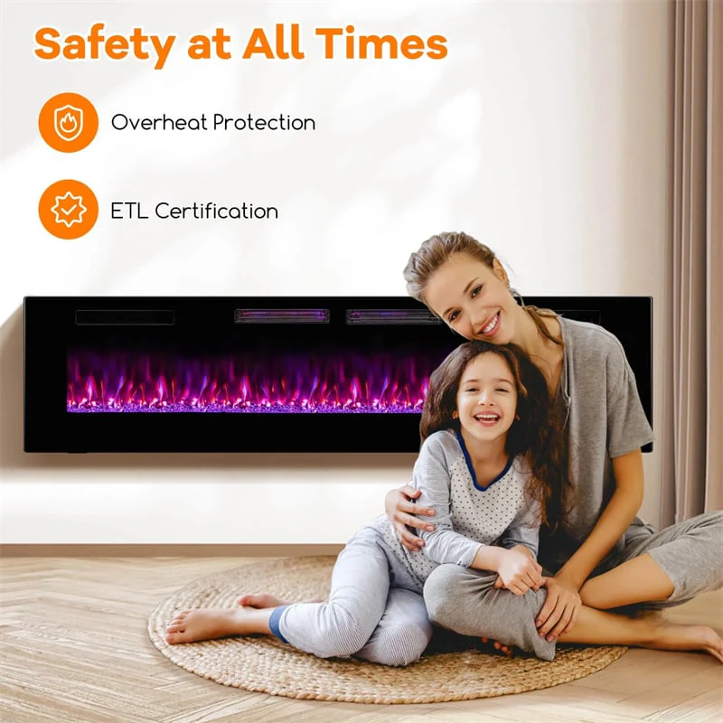 Eletriclife 42/50/60/72 Inch Ultra-Thin Smart Electric Fireplace Insert Wall Mount & Recessed Heater with Decorative Crystals