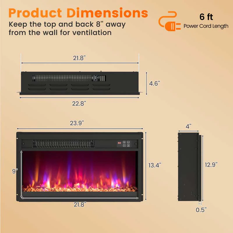 Eletriclife 1500W Electric Fireplace Insert with Remote Control