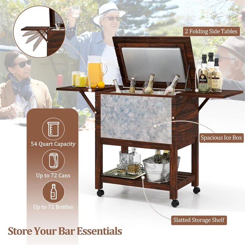 Eletriclife 54 Quart Wooden Rolling Cooler Cart Patio Ice Chest with 2 Drop Leaf Tables for Beverage Bar Party